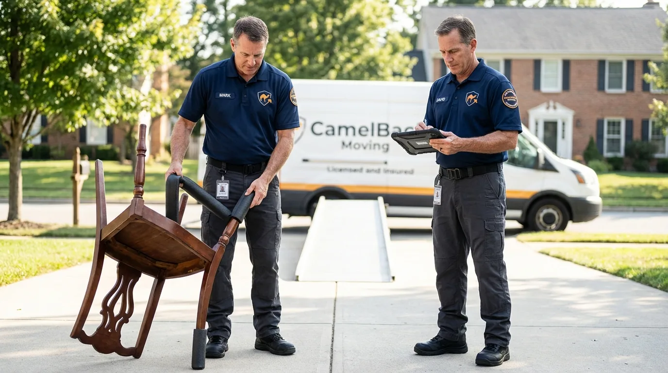 Movers inspecting furniture for damage prevention before loading in Saginaw, MI