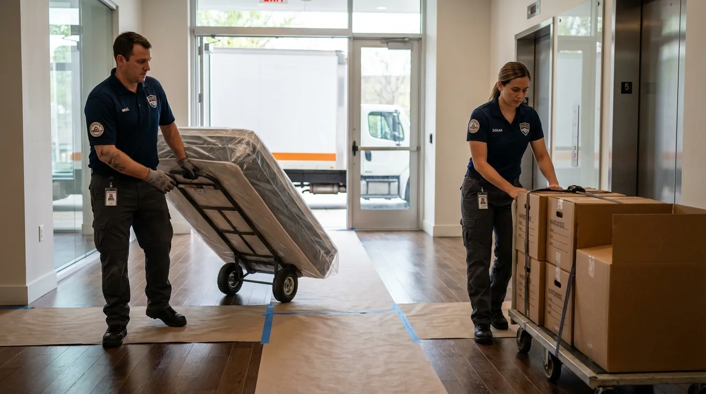 Professional apartment movers loading elevator in Saginaw, MI